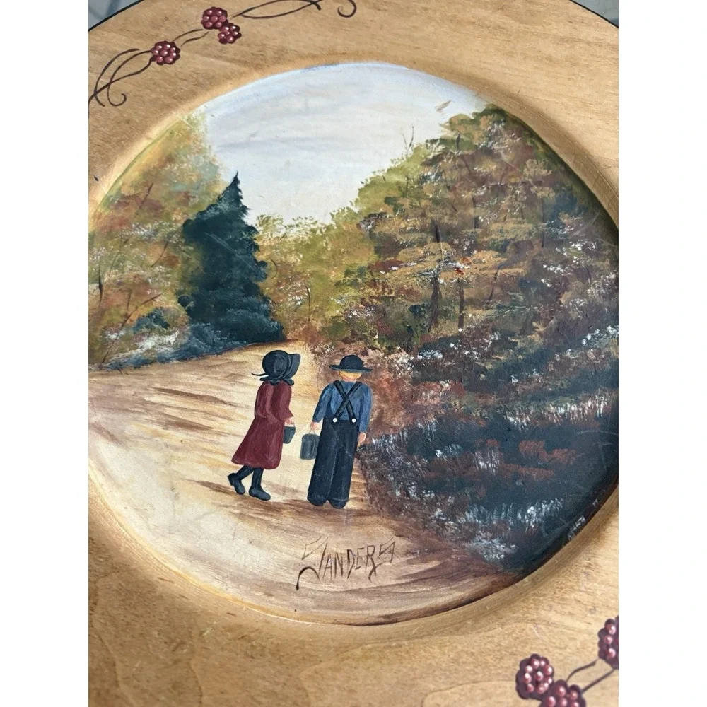 VTG Hand Painted Wooden Plate Amish Children Autumn Fall Scene Signed Sanders 94